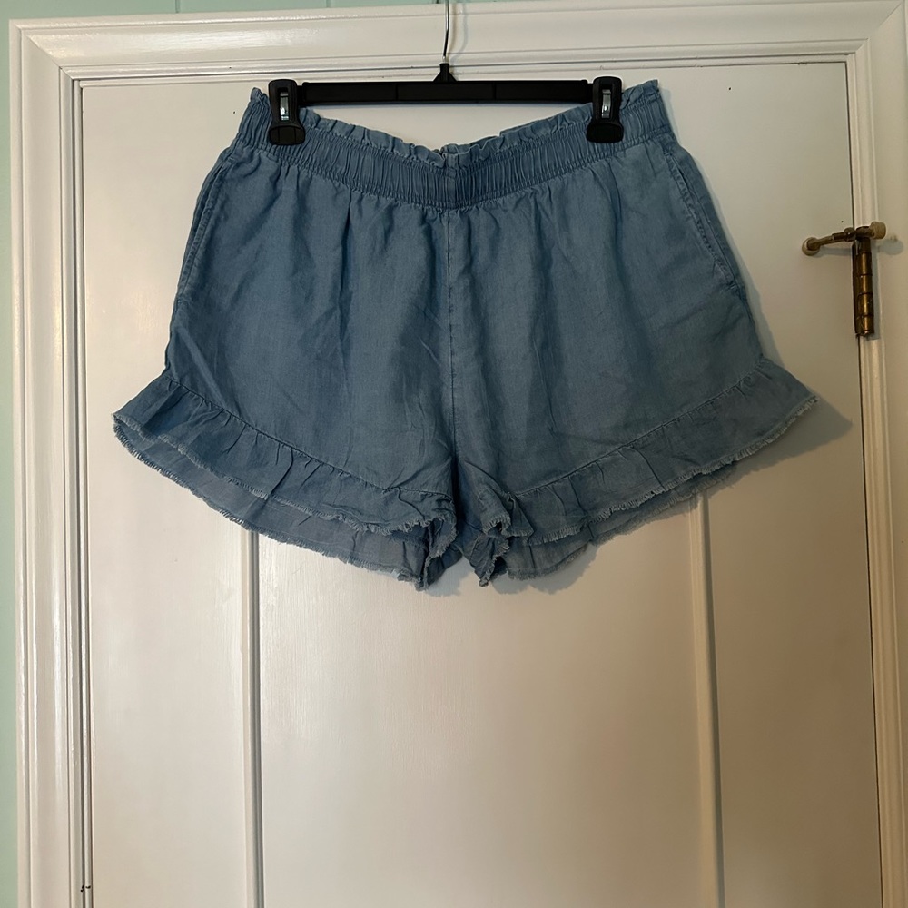 Denim Blue Ruffle Hem Shorts